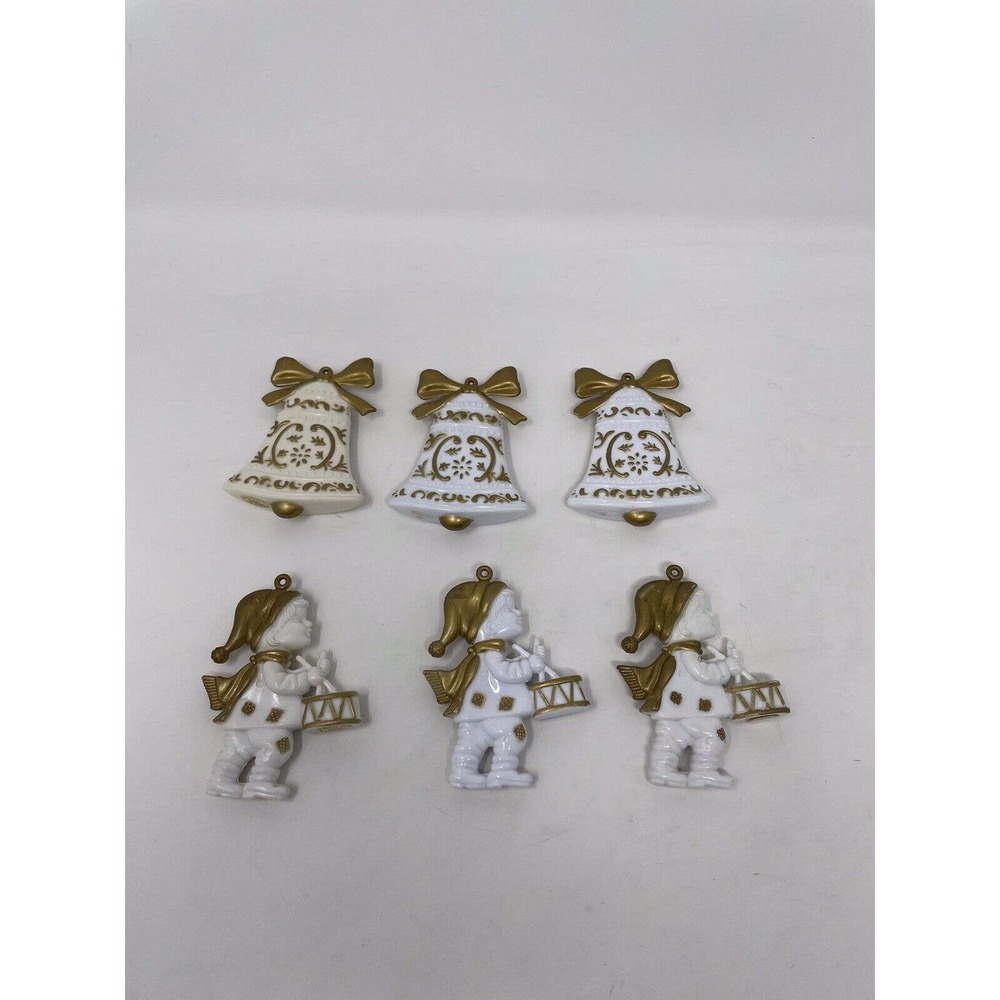 Vintage Set of 6 White & Gold Victorian Christmas Ornaments Bells Drummer Boys